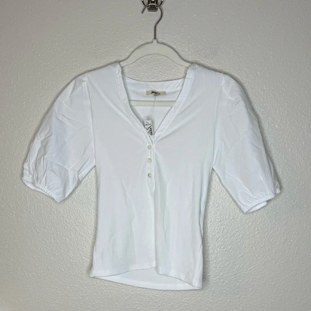 MADEWELL V-Neck Puff Sleeved Mixy Top Blouse NWT XS Classic White